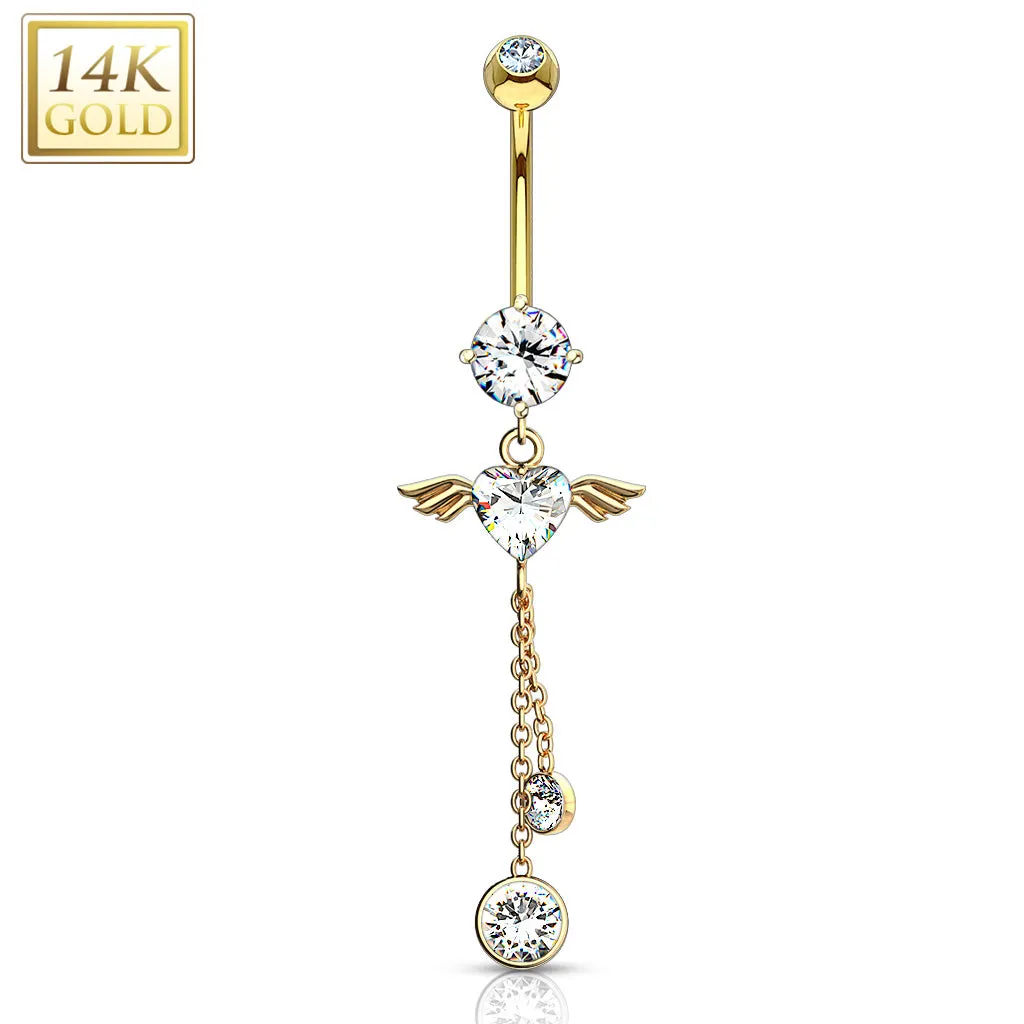 14 Karat Solid Gold WildKlass Navel Ring with Angel Wing Heart CZ Dangle