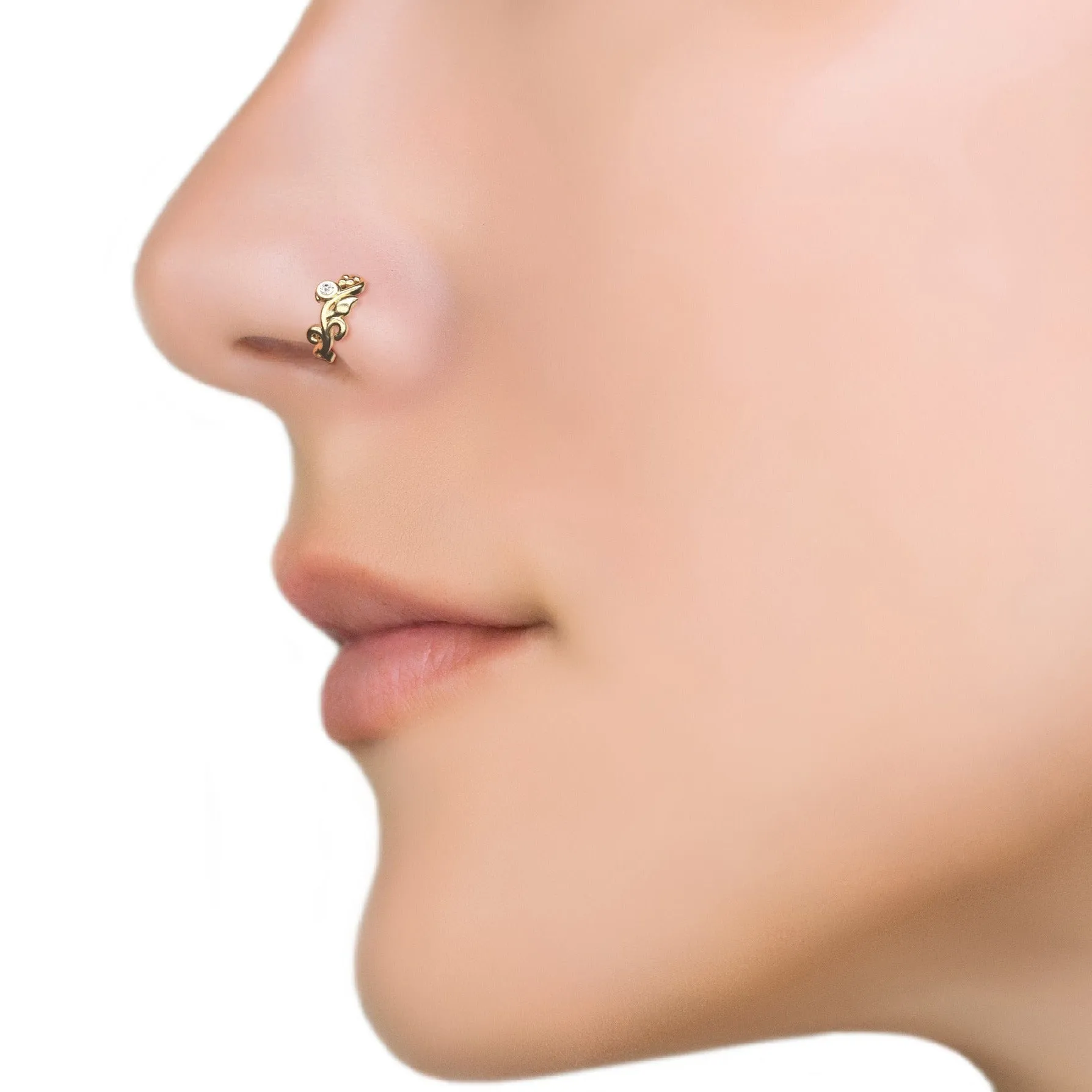 14K Gold Diamond Leaf Nose Ring