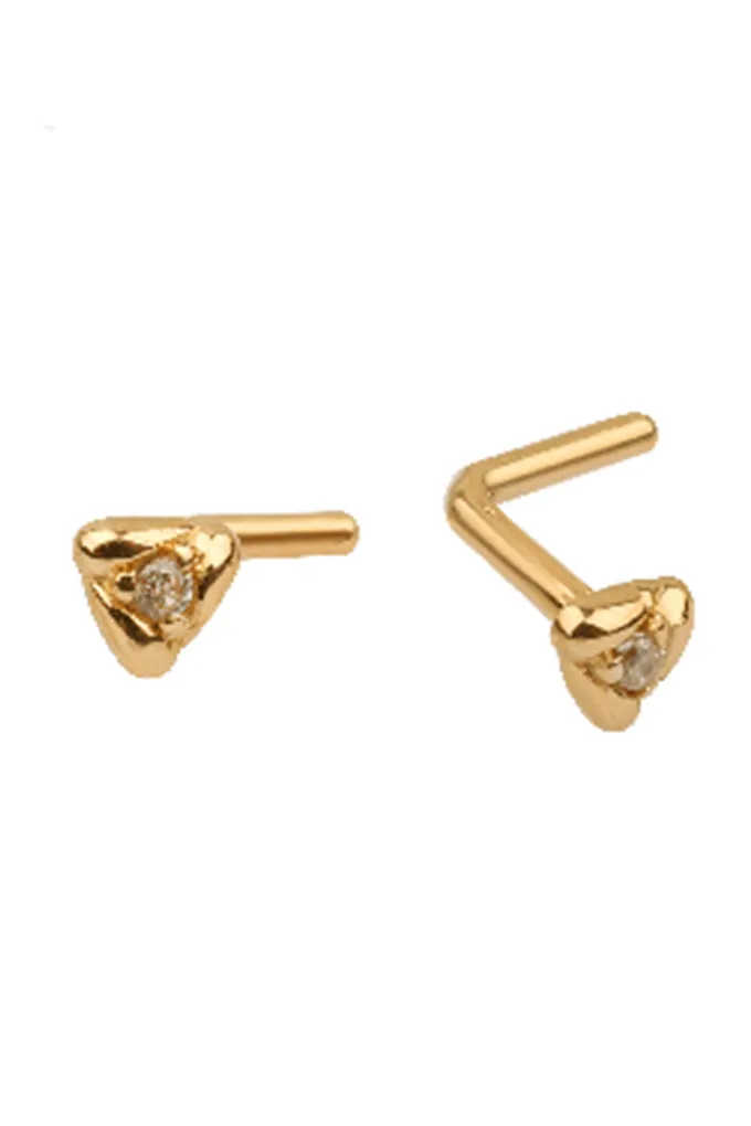 14K Solid Gold 20g Cz Triangle Bezel Nose Stud Piercing