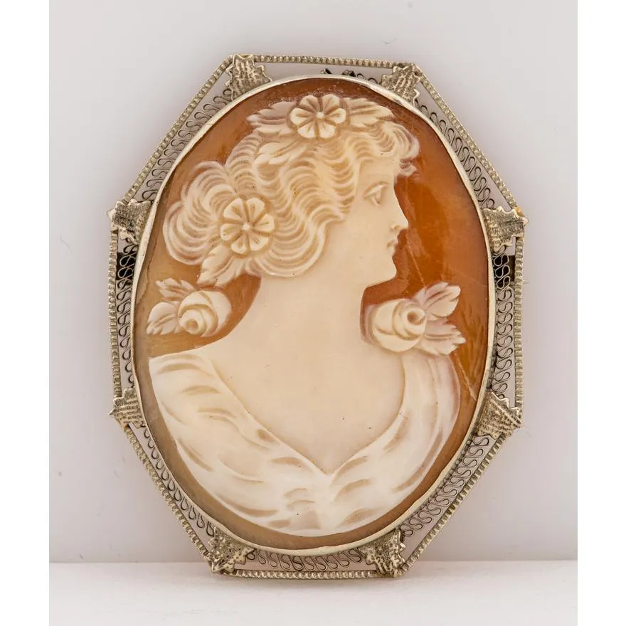 14k White Gold Shell Cameo Brooch