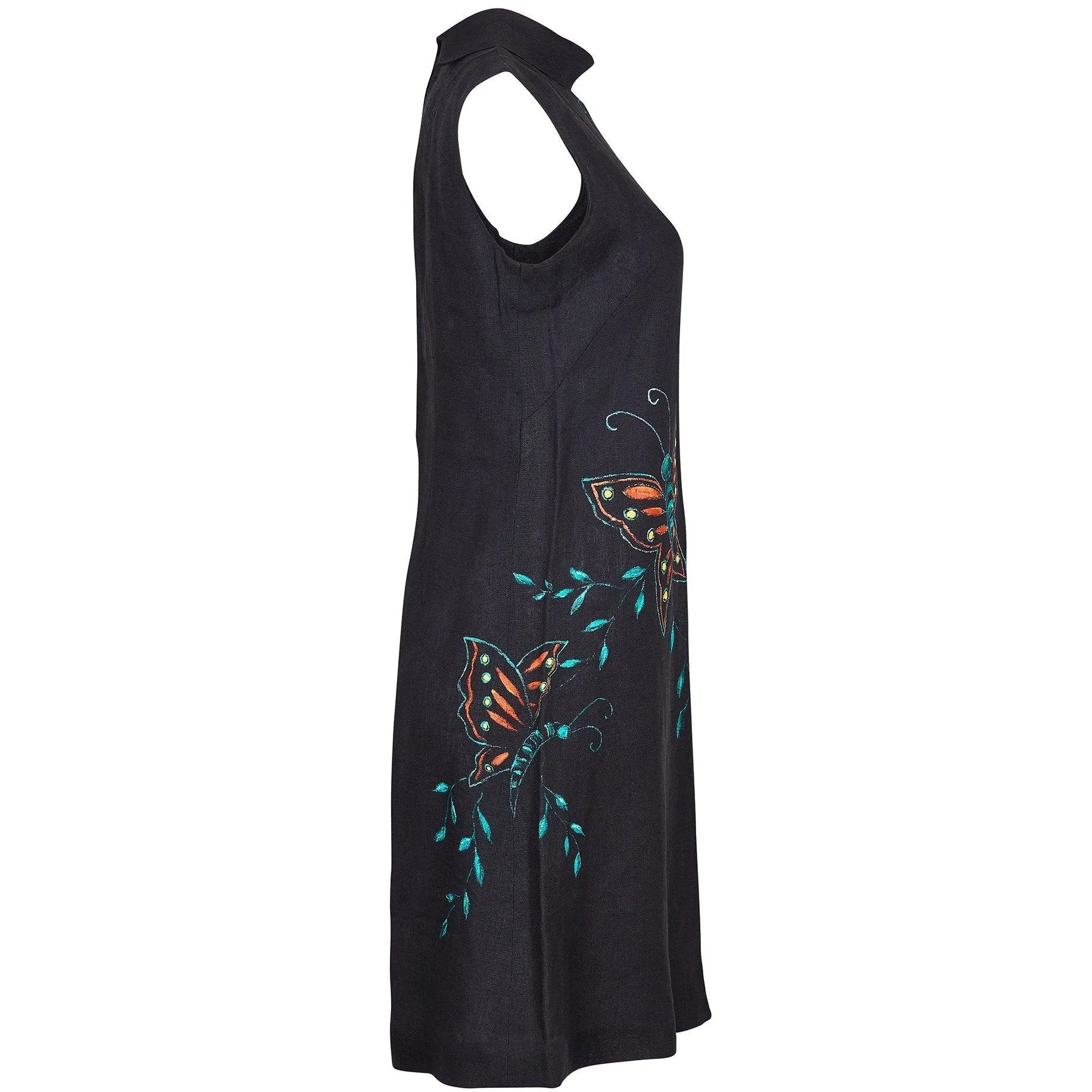 1960s Black Linen Hand Painted Butterfly Print Dress