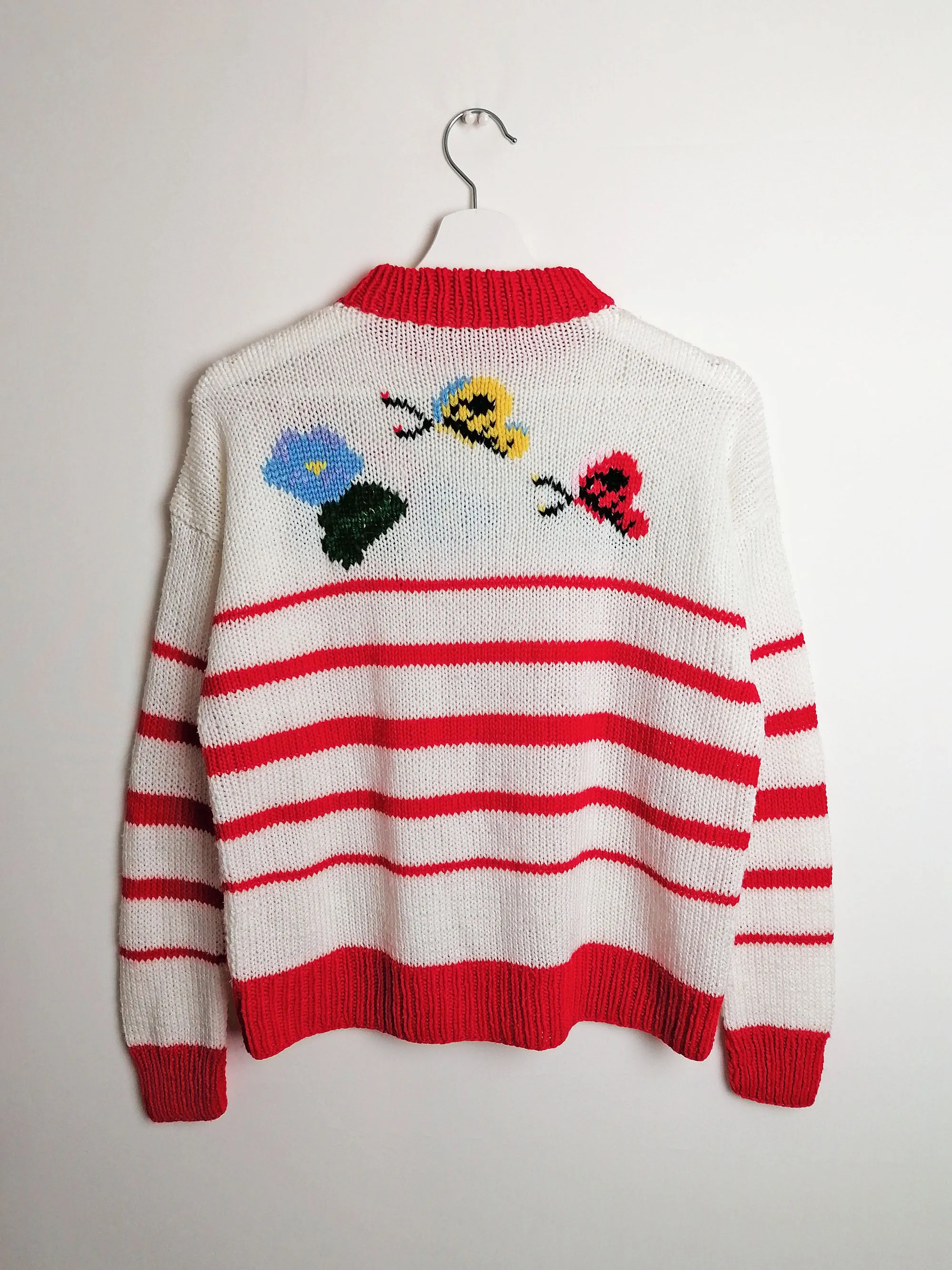 80's Handmade Knit Sweater Butterflies Flowers - size S-M