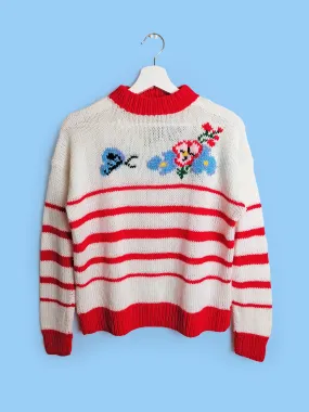 80's Handmade Knit Sweater Butterflies Flowers - size S-M