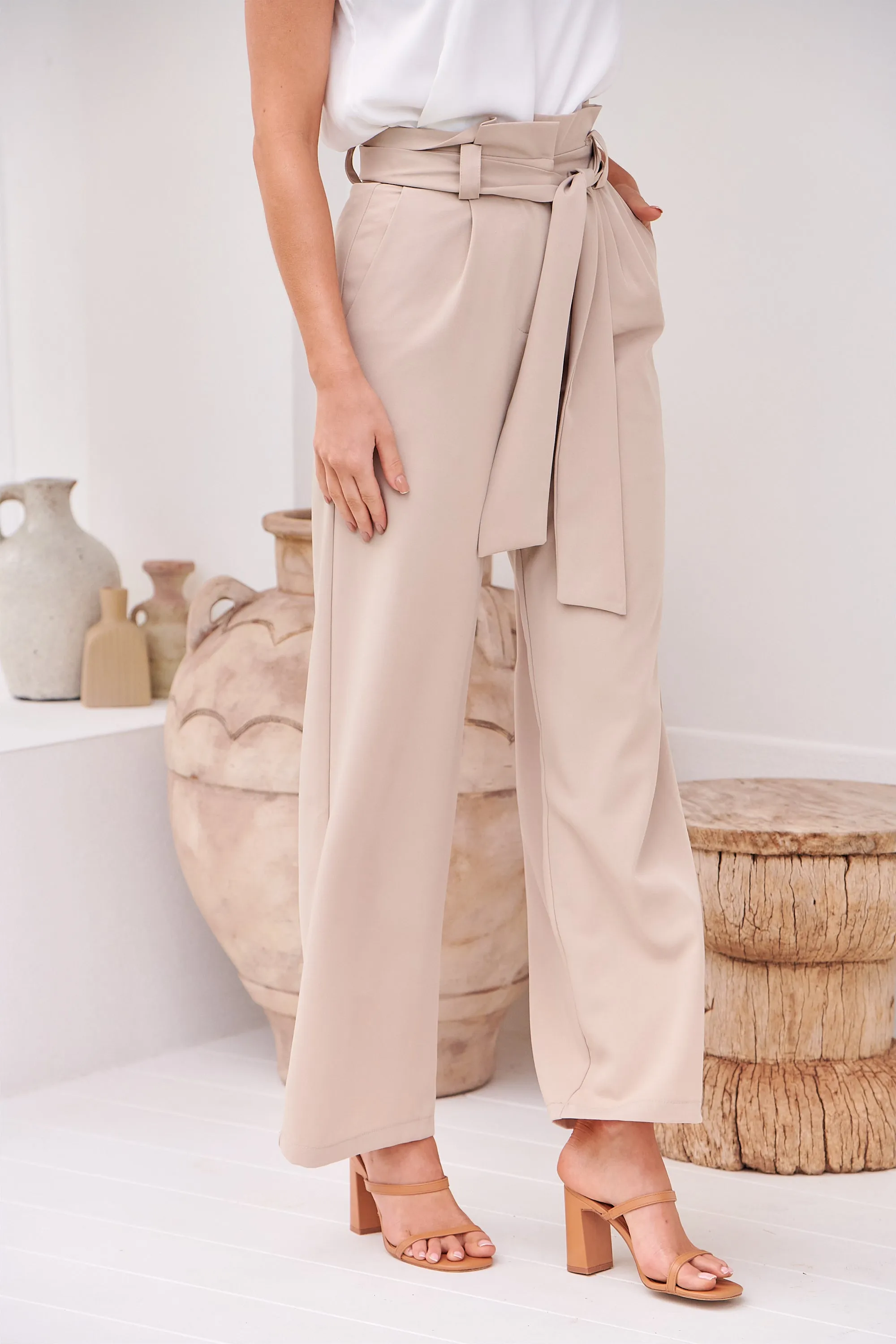 Adara Tie Waist Beige Pants