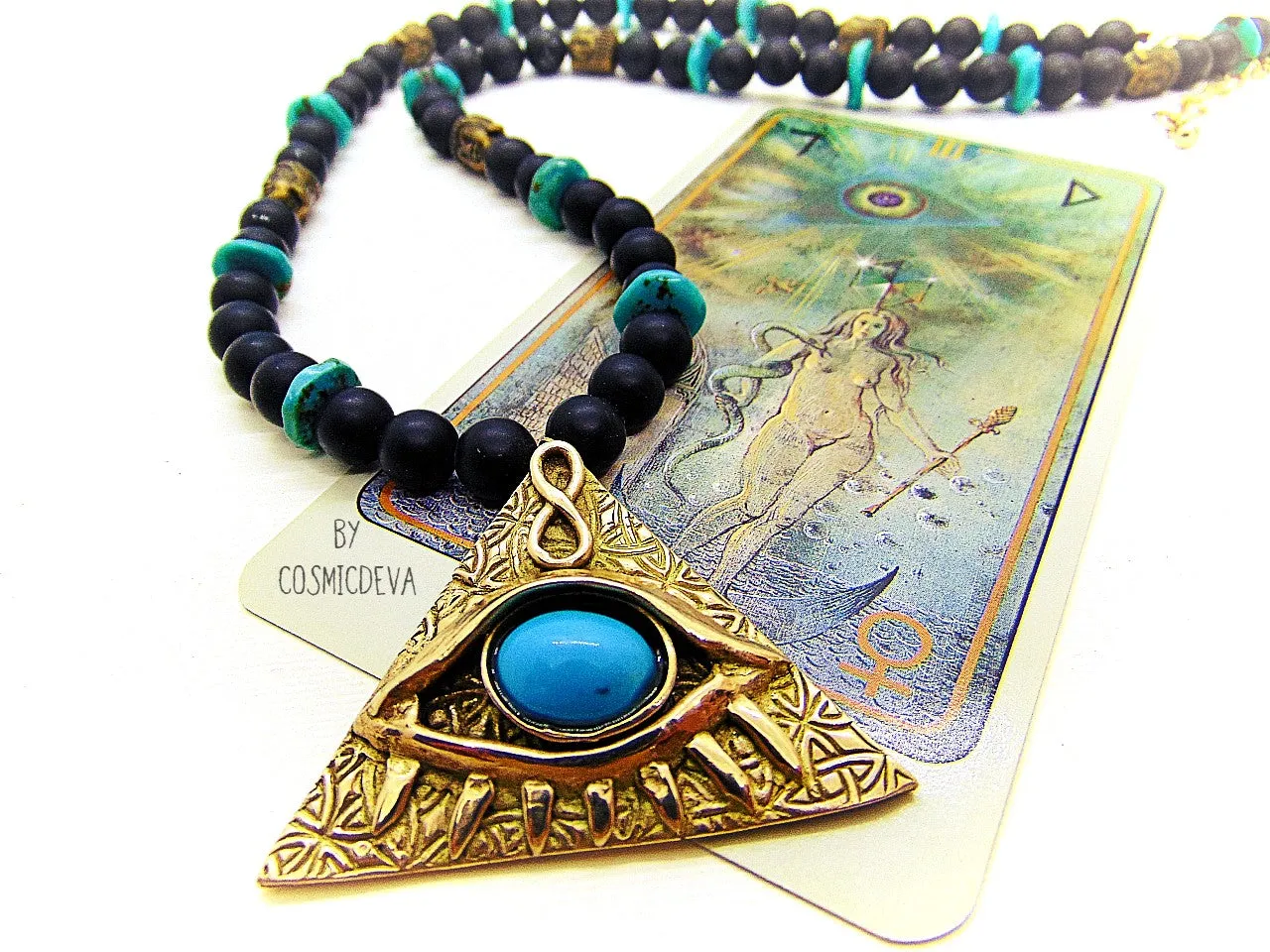 All Seeing Eye With Turquoise  Bronze Necklace