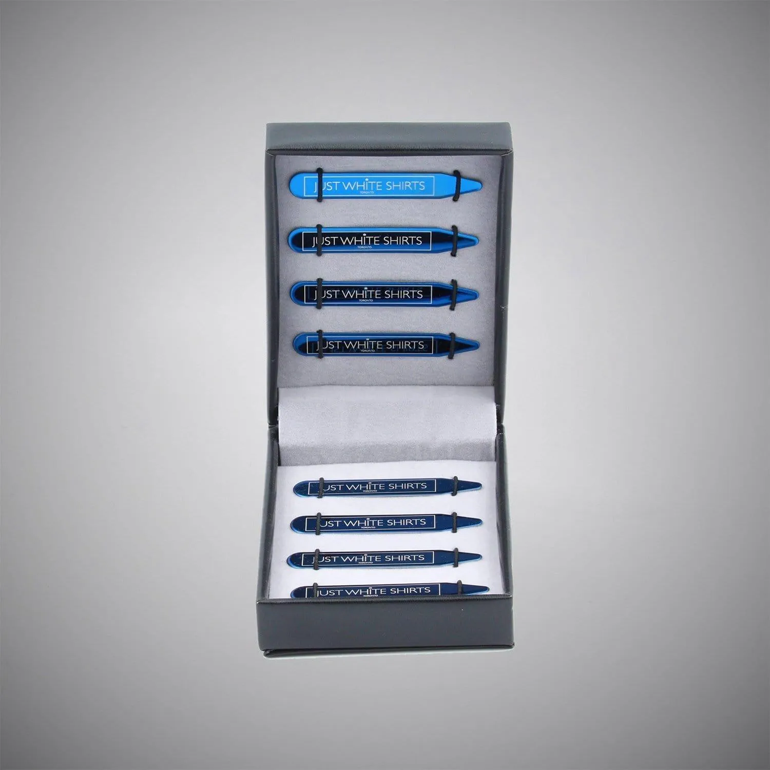 Blue Chrome Stainless Steel 8 Piece Collar Stay Gift Set In Box