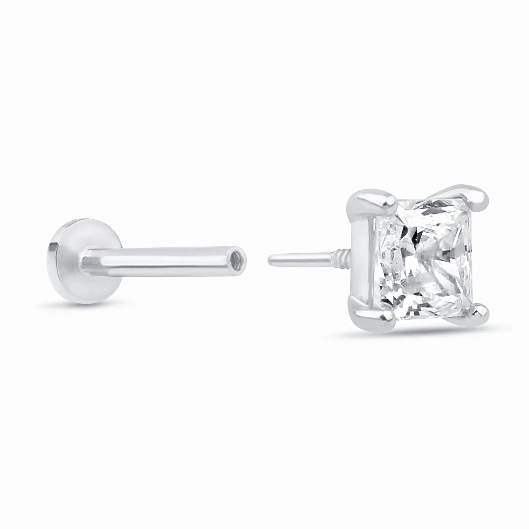 Cubic Zirconia Princess Cut Earring in Solid 14k White Gold