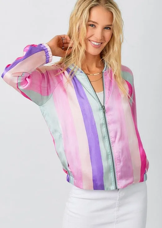 FINAL SALE - Pink Mix Striped Bomber Jacket