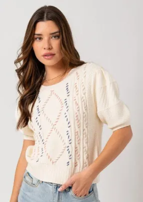 FINAL SALE - Stitched Cable Knit Short Sleeve Sweater Top