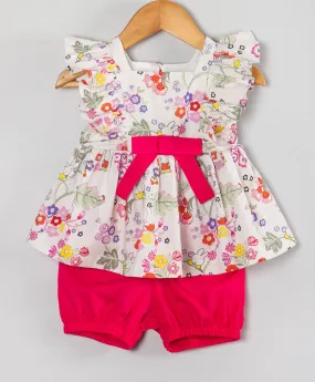 Floral print infant coordinate set with solid pink shorts- White