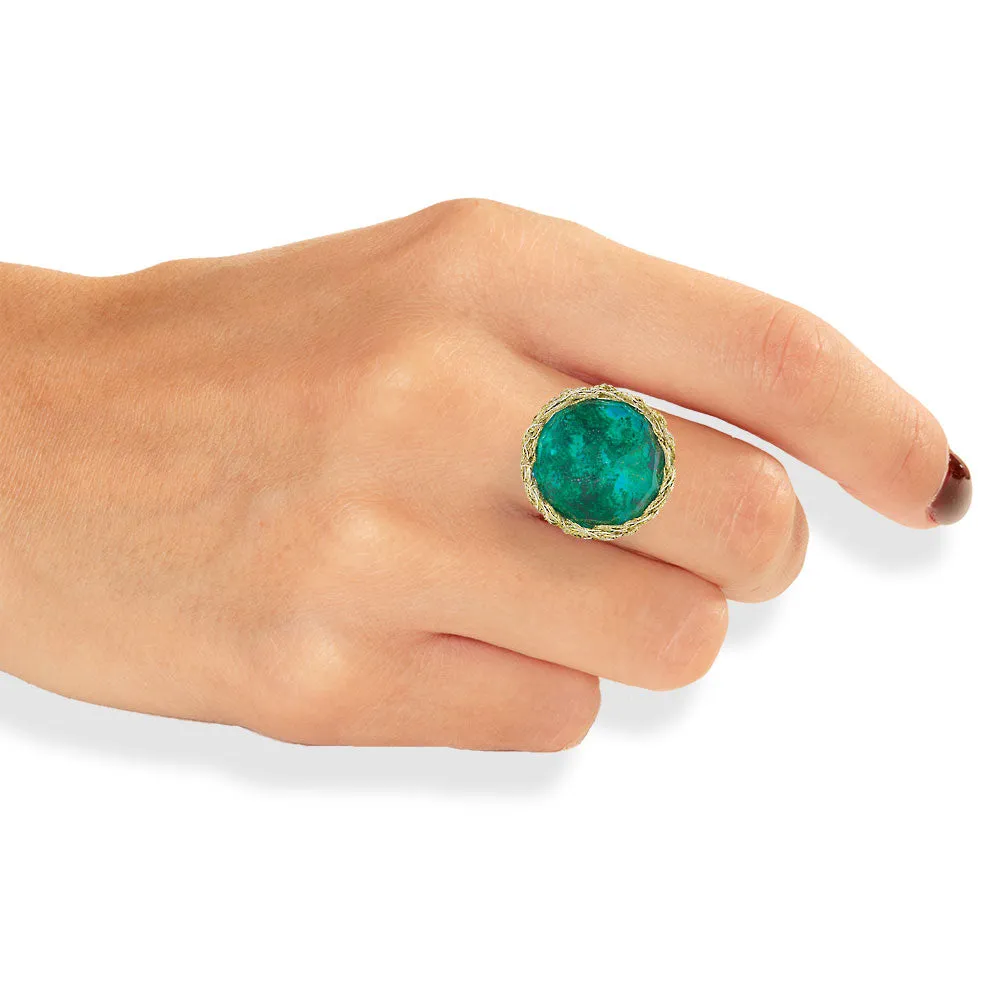 Handmade Gold Plated Crochet Ring With Chrysocolla Gemstone