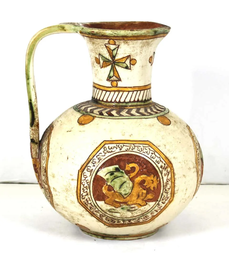 Italian Renaissance Revival Sgraffito Ceramic Pitcher with Dragon Motif