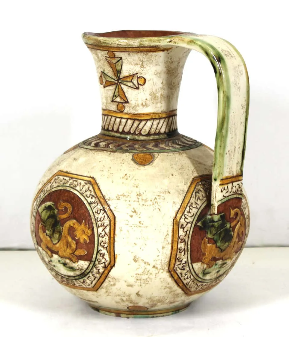 Italian Renaissance Revival Sgraffito Ceramic Pitcher with Dragon Motif