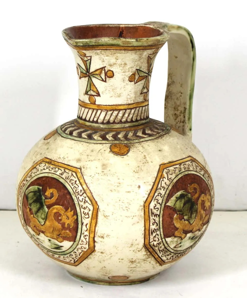 Italian Renaissance Revival Sgraffito Ceramic Pitcher with Dragon Motif