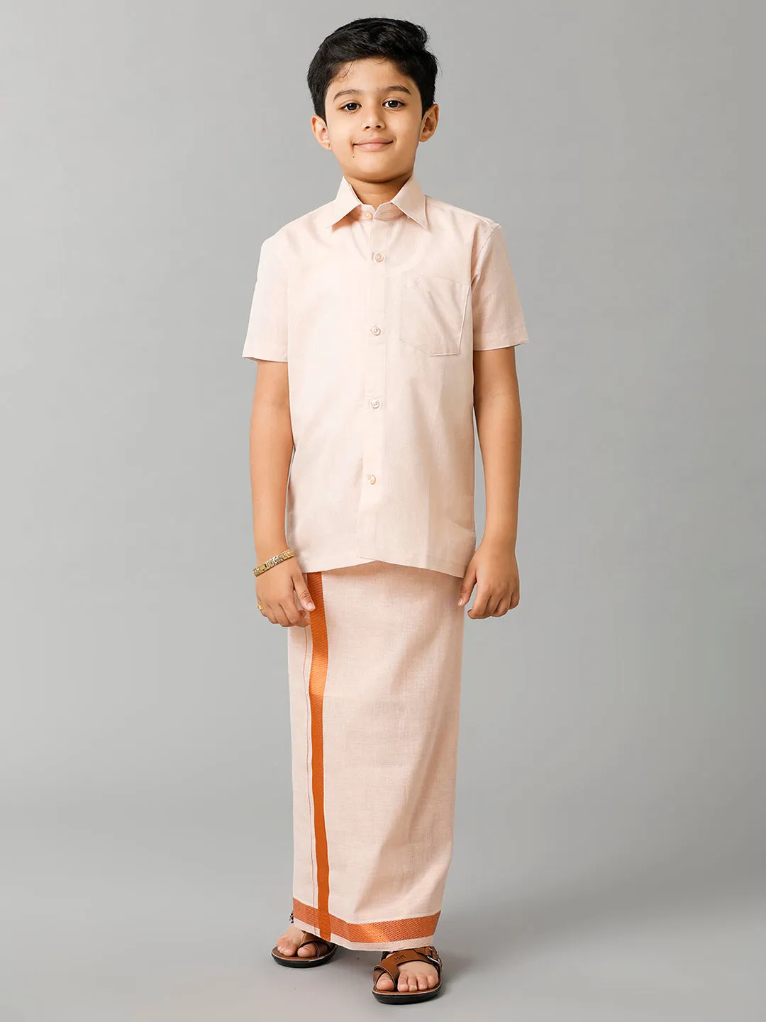 Like Father Like Son Tissue Jari Half Sleeves Shirt Dhoti Combo Sankalpam Copper