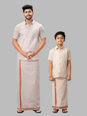 Like Father Like Son Tissue Jari Half Sleeves Shirt Dhoti Combo Sankalpam Copper