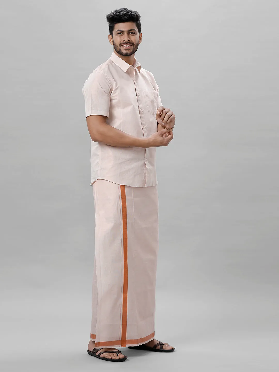 Like Father Like Son Tissue Jari Half Sleeves Shirt Dhoti Combo Sankalpam Copper