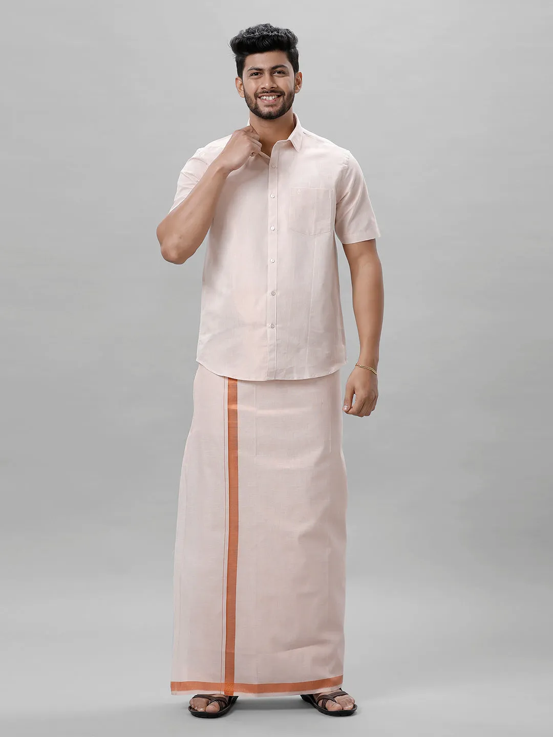 Like Father Like Son Tissue Jari Half Sleeves Shirt Dhoti Combo Sankalpam Copper