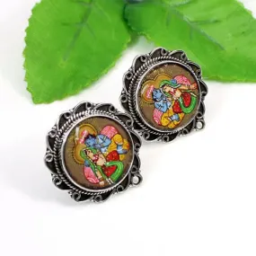 Lord Radha Krishna Painting Earring Solid 925 Sterling Silver Earring