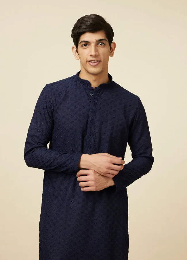 Manyawar Navy Blue Self Design Kurta Pajama