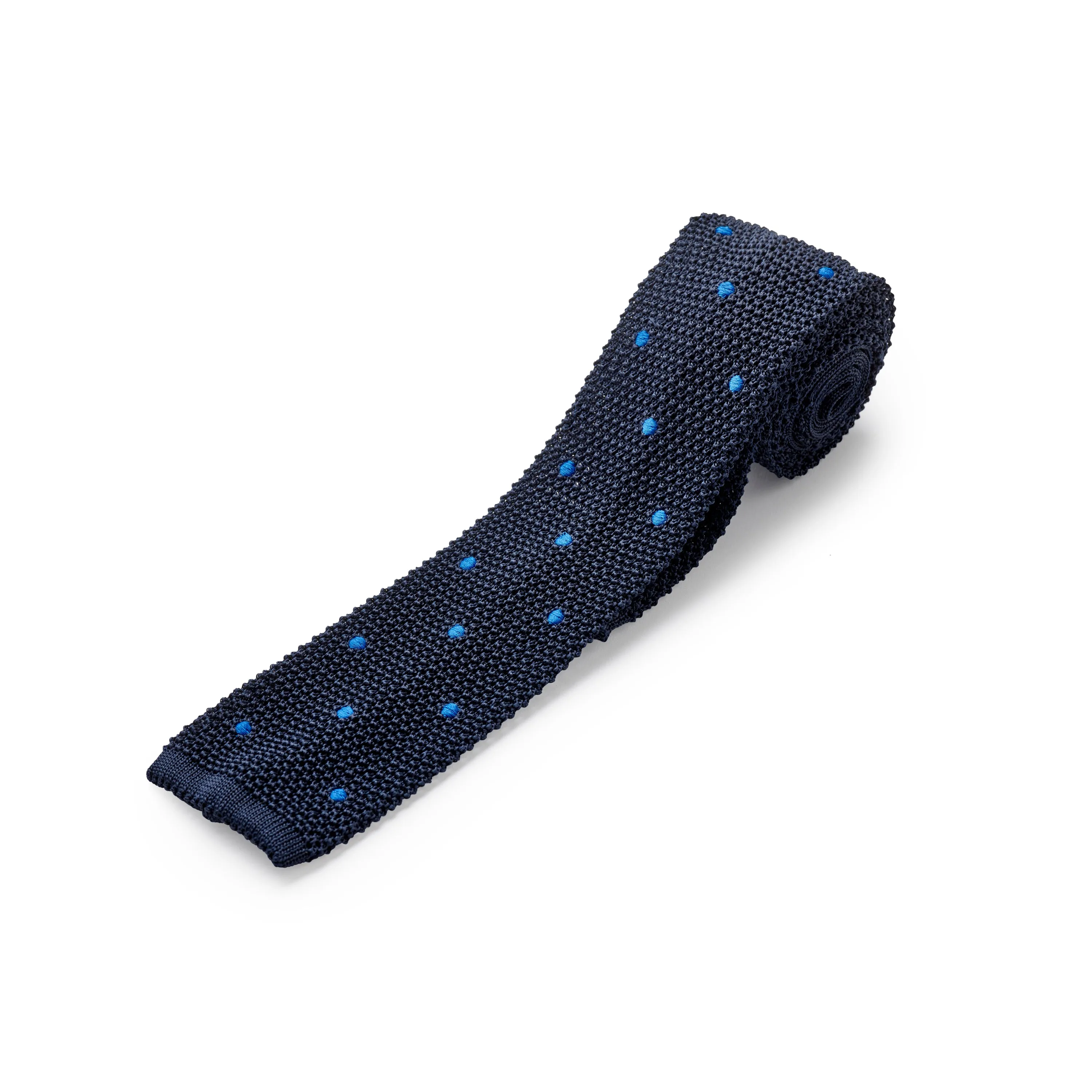 Marine Navy Blue and Sea Blue Polka Dots Silk Knitted Tie