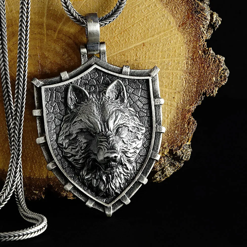 Men's Necklace Solid 925 Silver Wolf Pendant with Wheat Link Chain