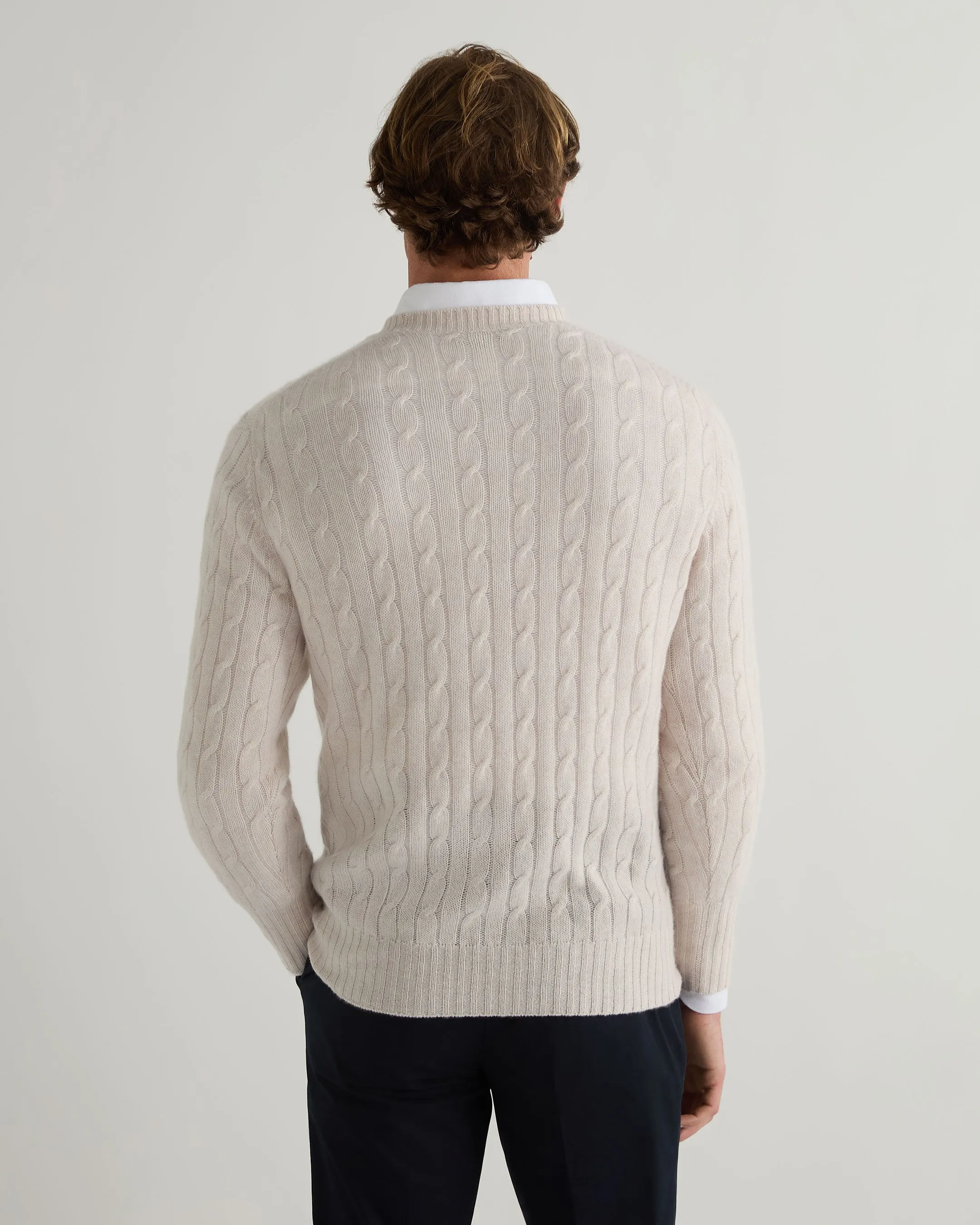 Men's Thames Cable Round Neck Cashmere Jumper Frost White