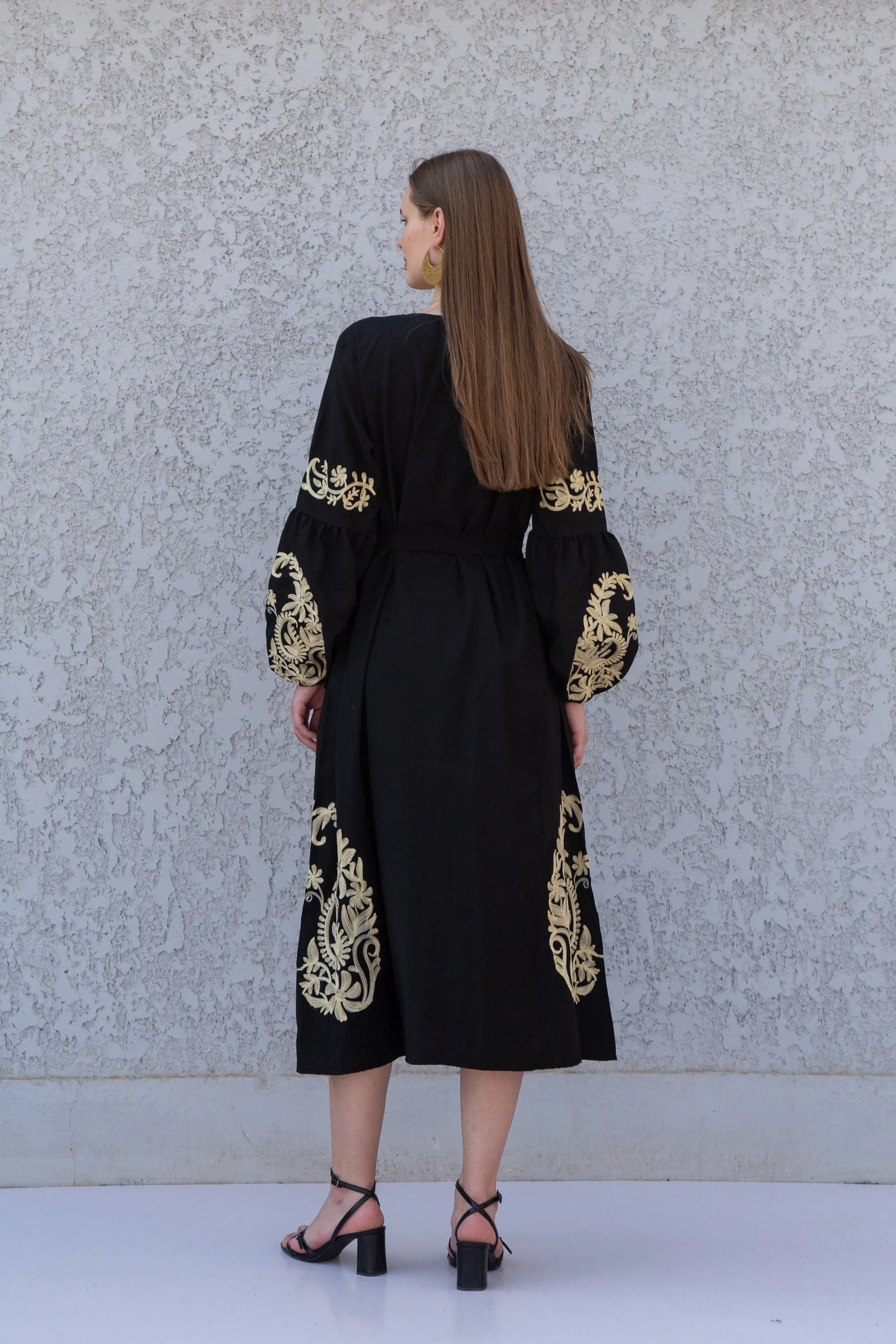 Midi Black cotton kaftan dress, embroidered tunic dress, caftans for women, Egyptian cotton. Summer caftan, party, casual, home dress