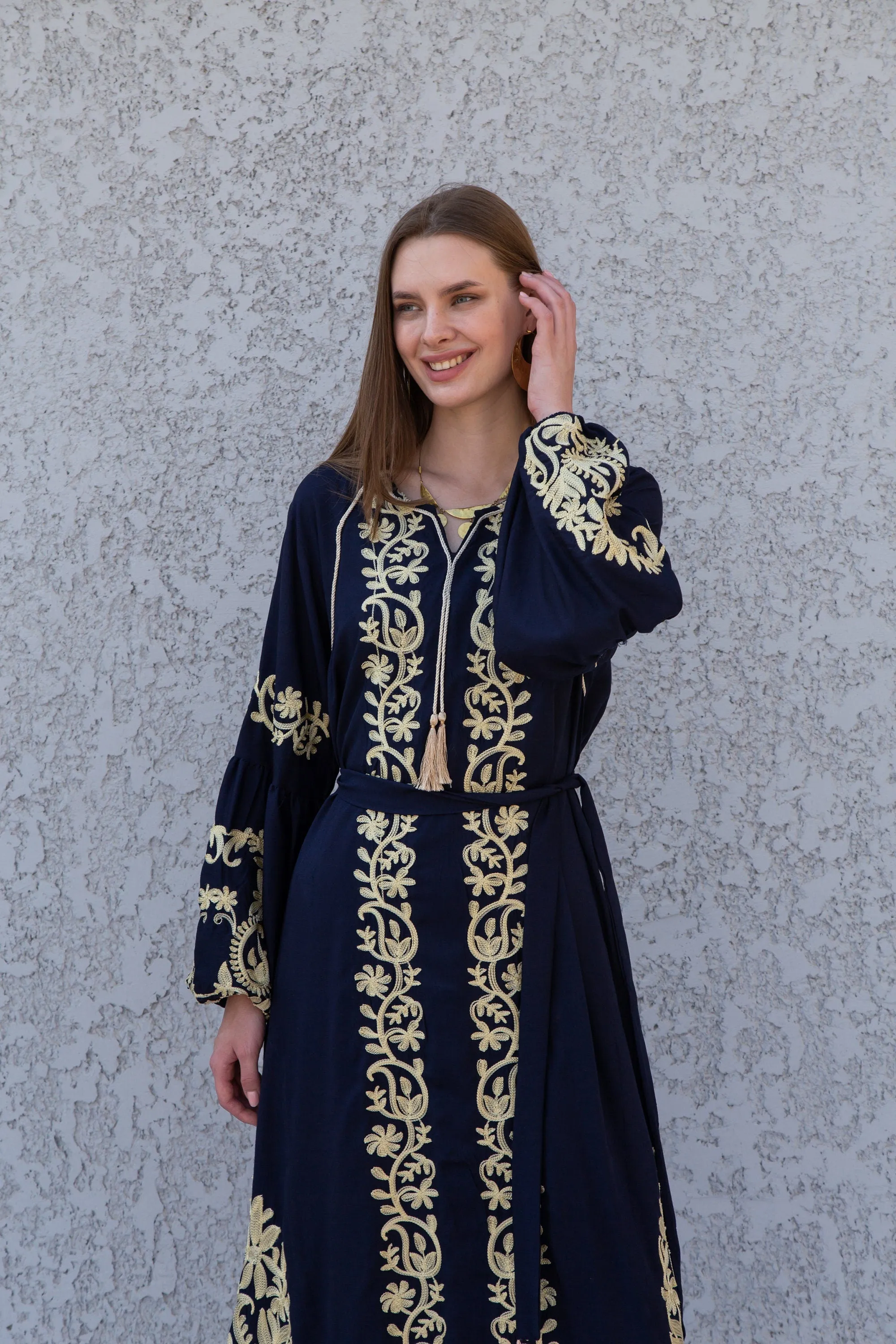 Midi Black cotton kaftan dress, embroidered tunic dress, caftans for women, Egyptian cotton. Summer caftan, party, casual, home dress