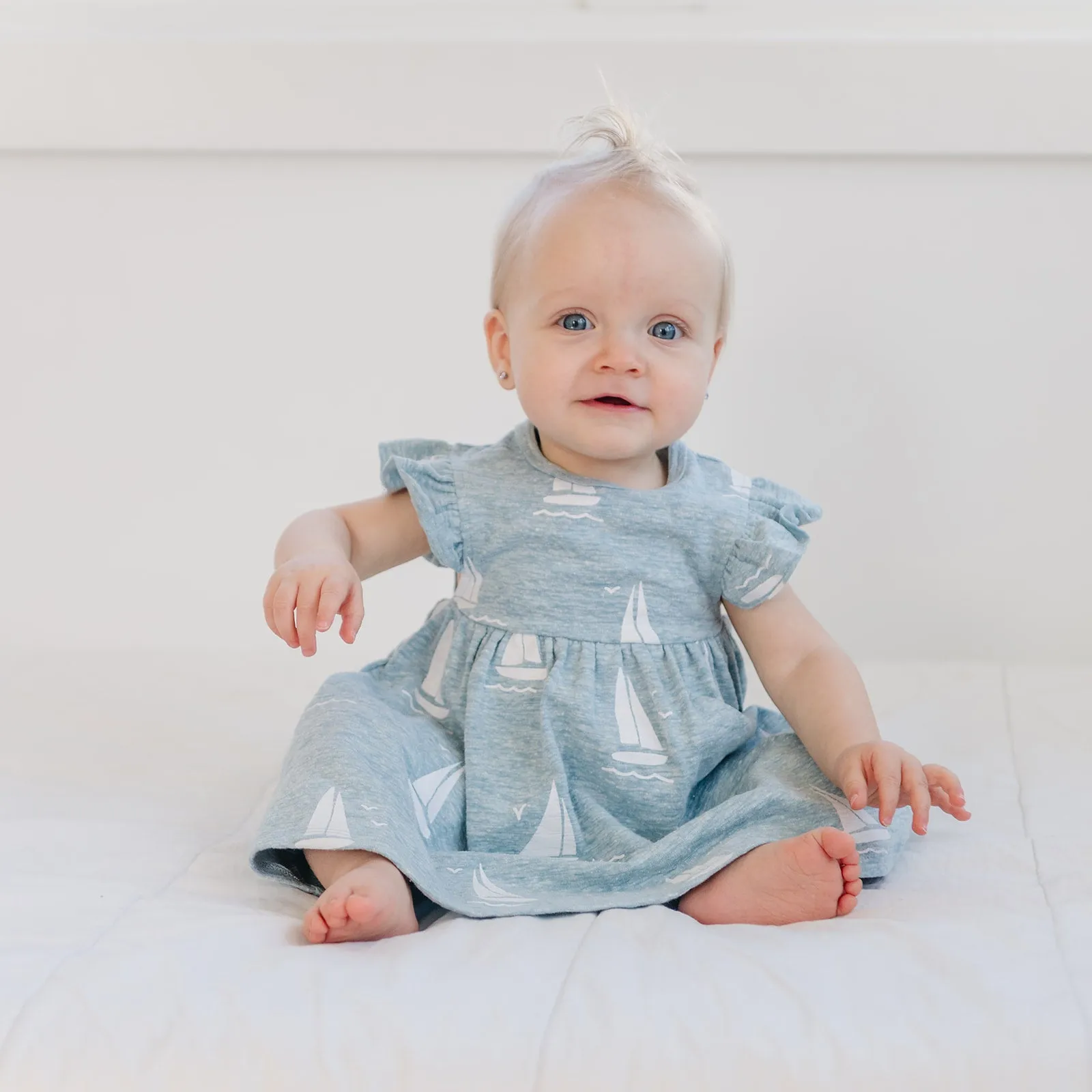 oh baby! Flutter Tank Dress - White Sailboat Print - Fog Heather