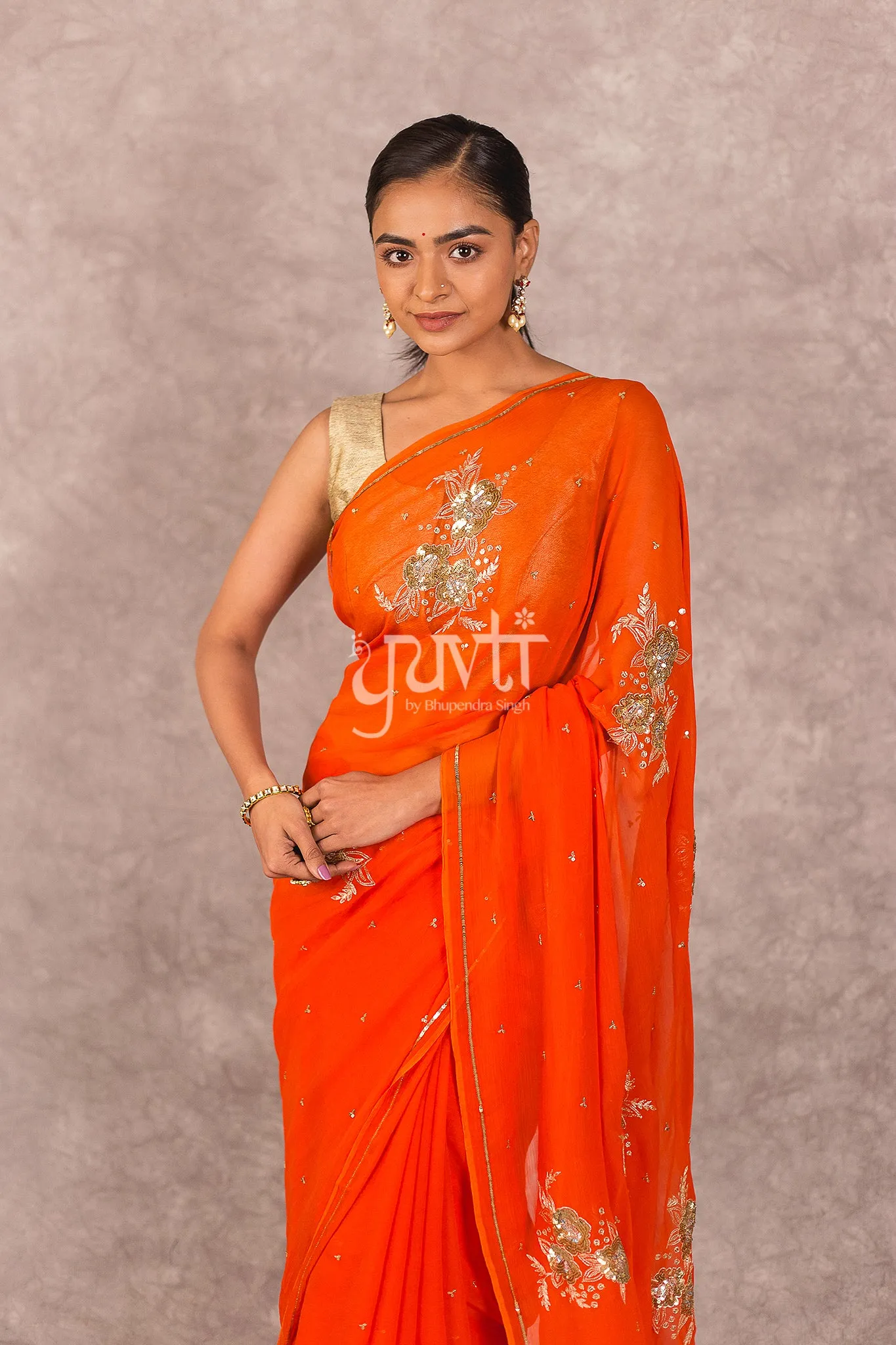 Orange Viscose Chiffon Sequins work Saree