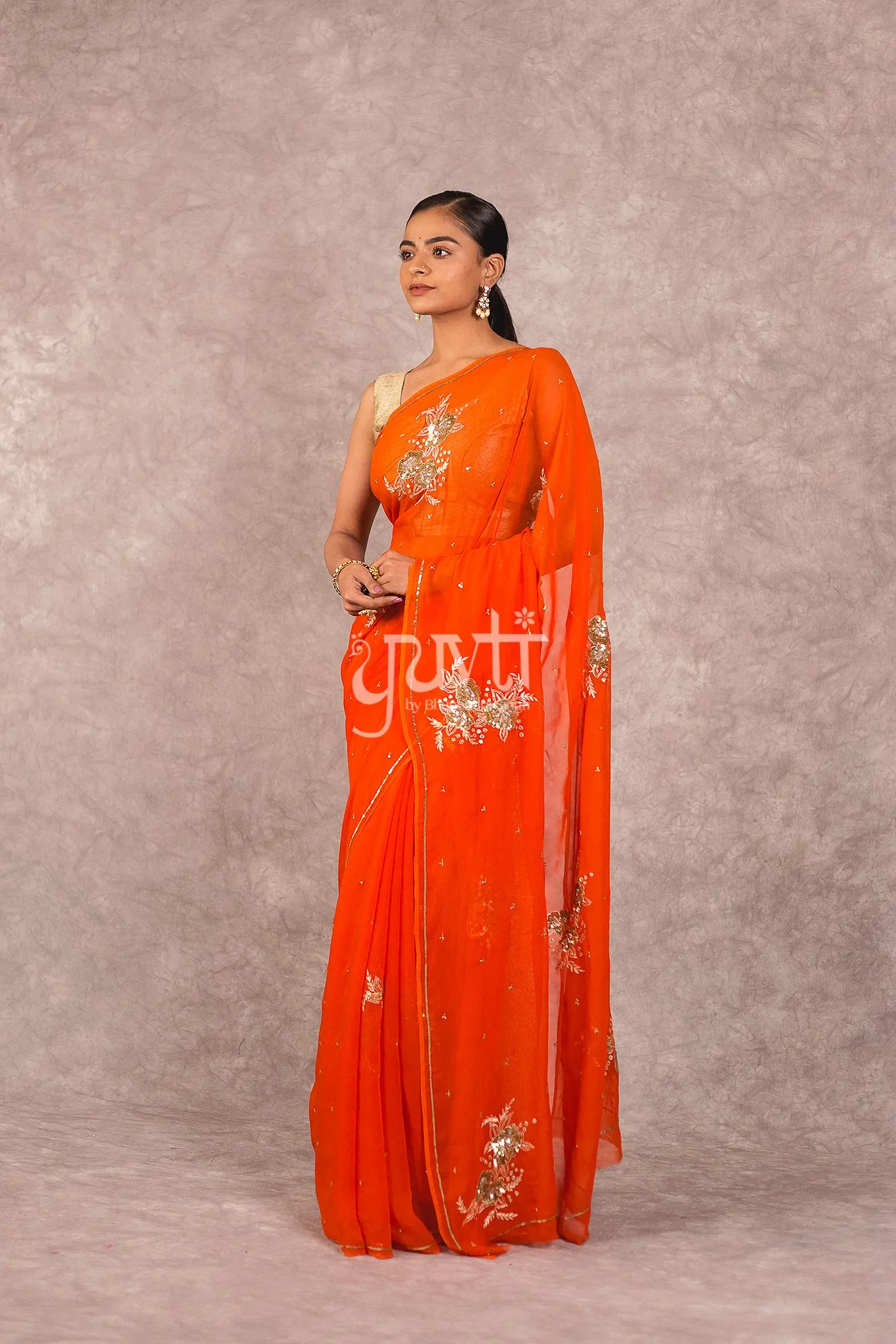 Orange Viscose Chiffon Sequins work Saree