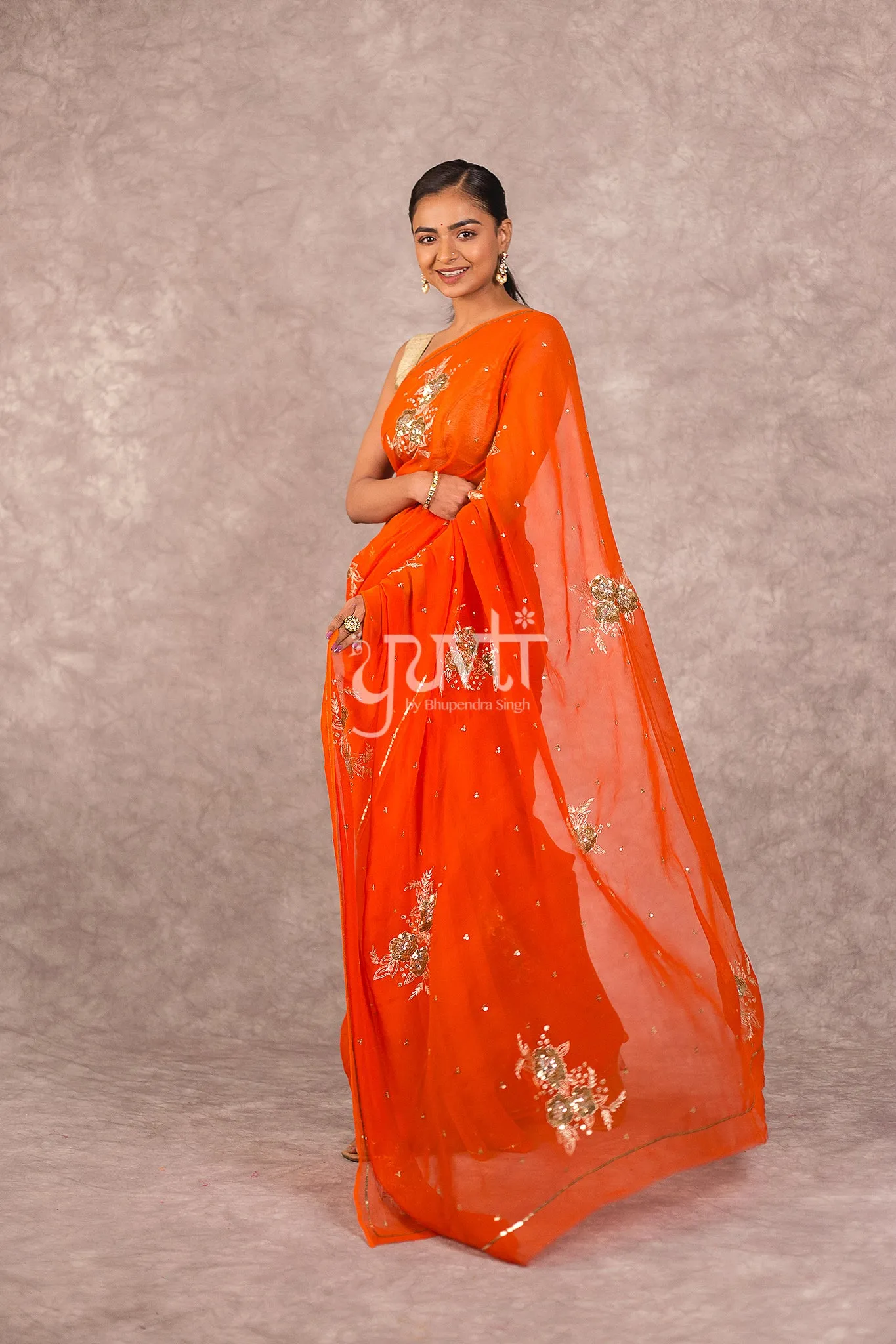 Orange Viscose Chiffon Sequins work Saree