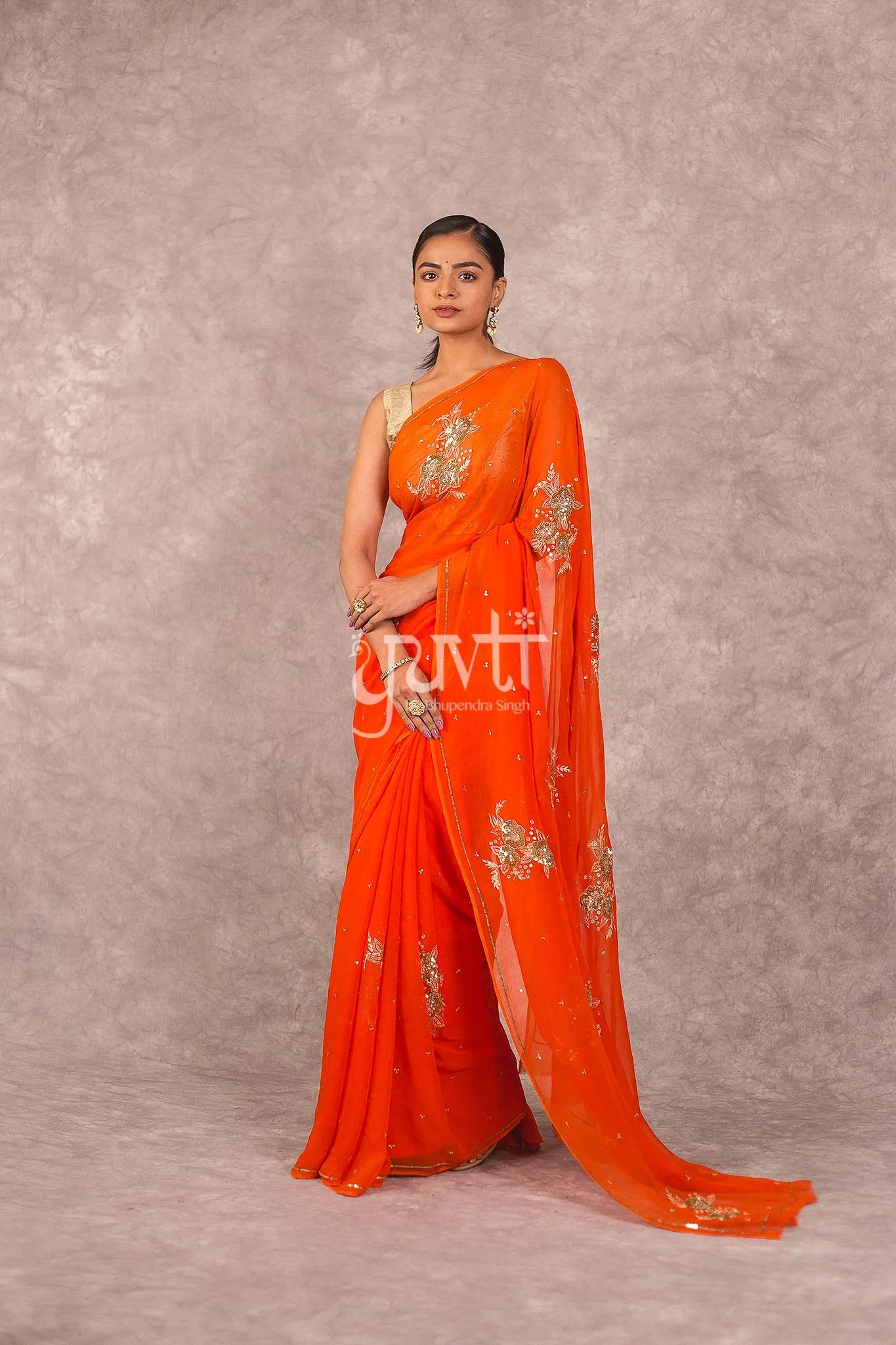 Orange Viscose Chiffon Sequins work Saree