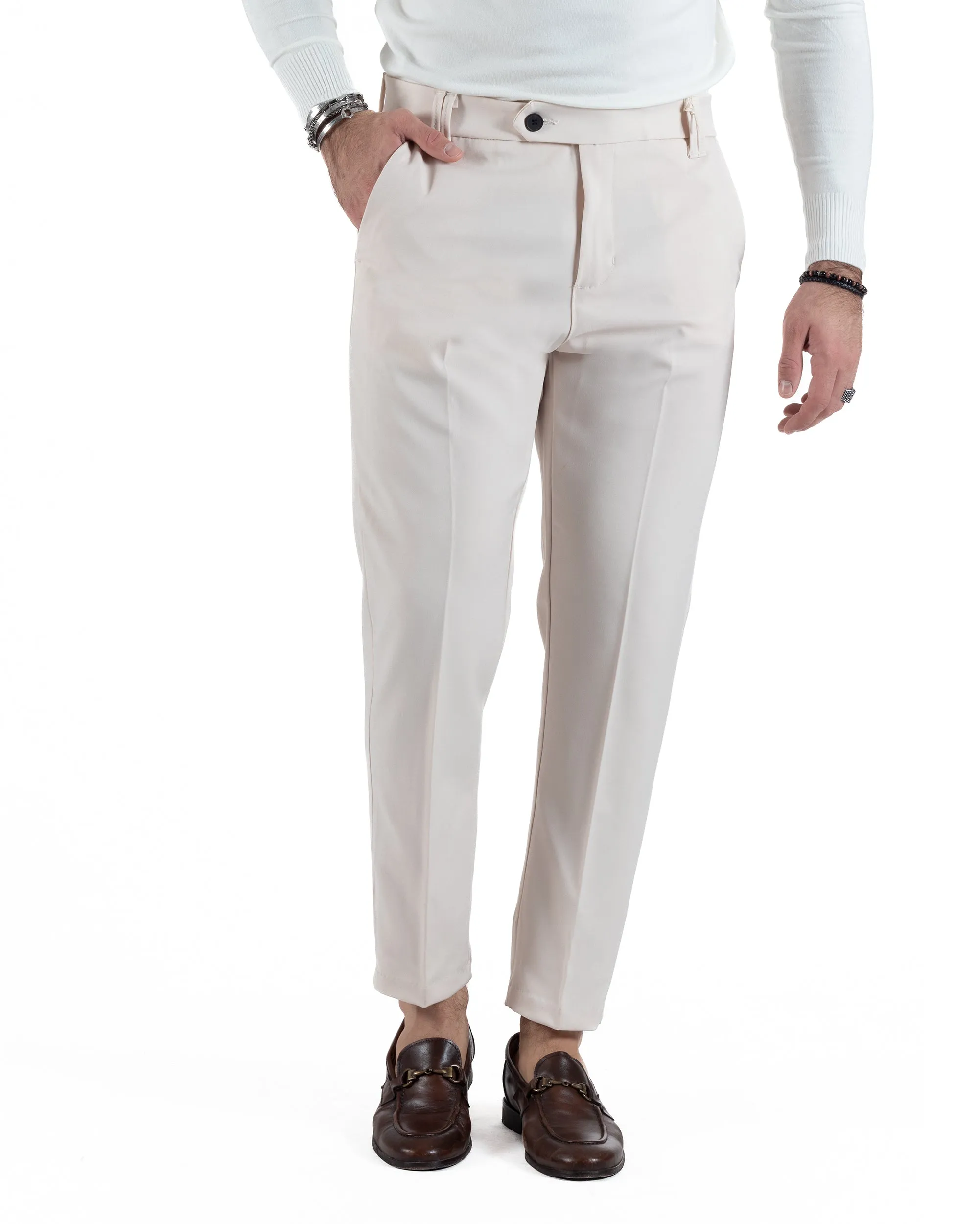 Pantaloni Uomo Viscosa Tasca America Classico Abbottonatura Allungata Casual Panna GIOSAL-P6012A