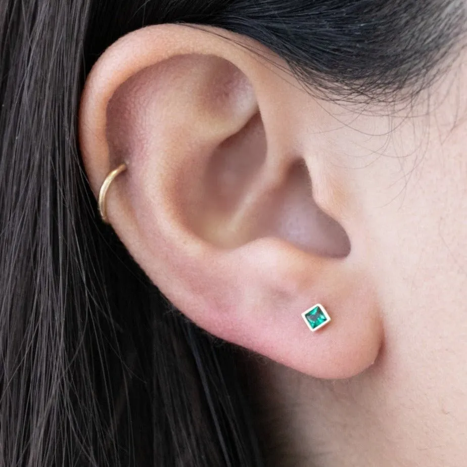 Princess Cut Emerald Flat Back Earring in Bezel Set Solid 14k Gold