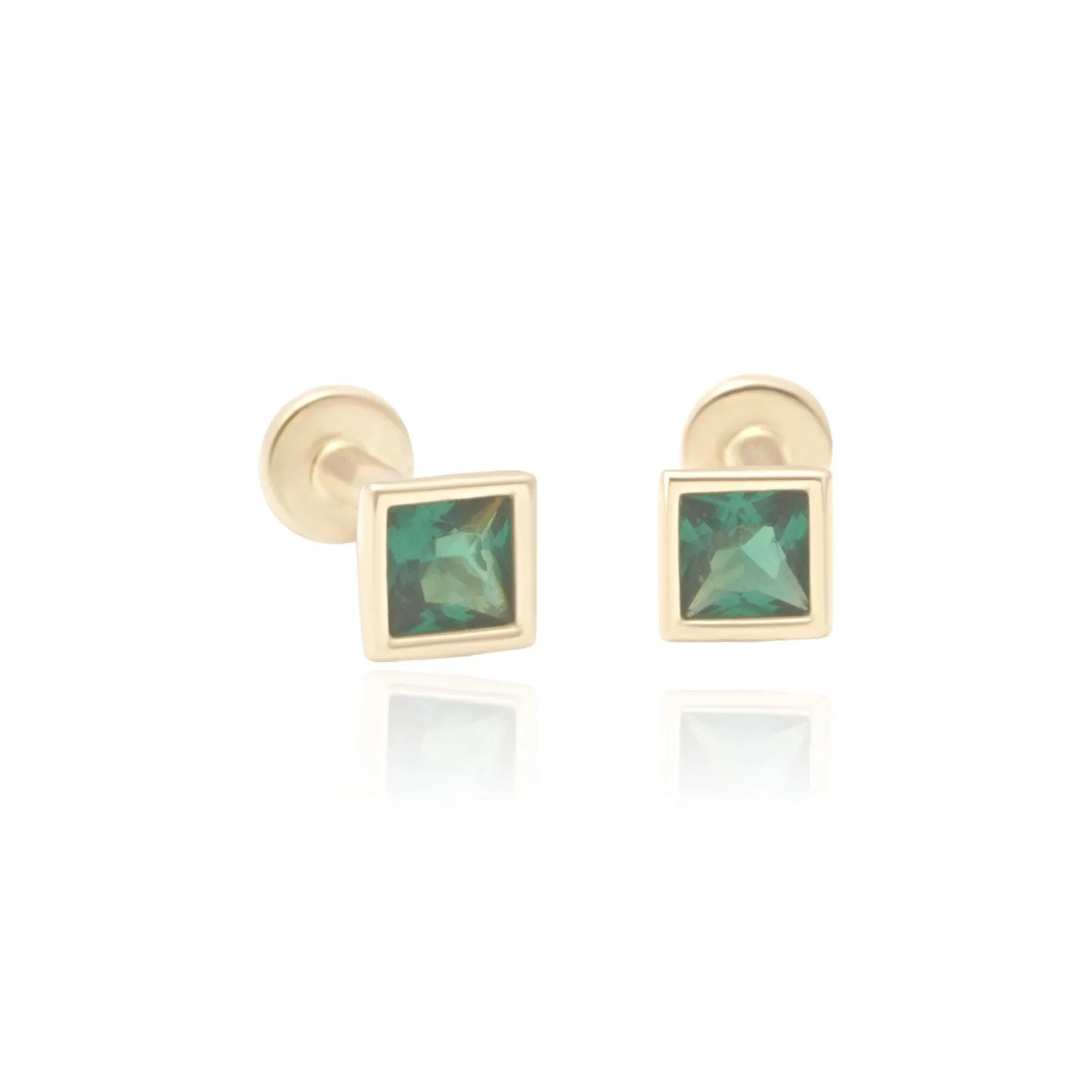 Princess Cut Emerald Flat Back Earring in Bezel Set Solid 14k Gold