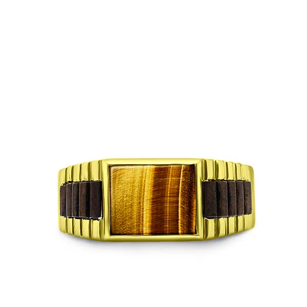 Real Solid 10k Yellow Gold Mens Ring Genuine Tiger's Eye Stone Band Ring for Man