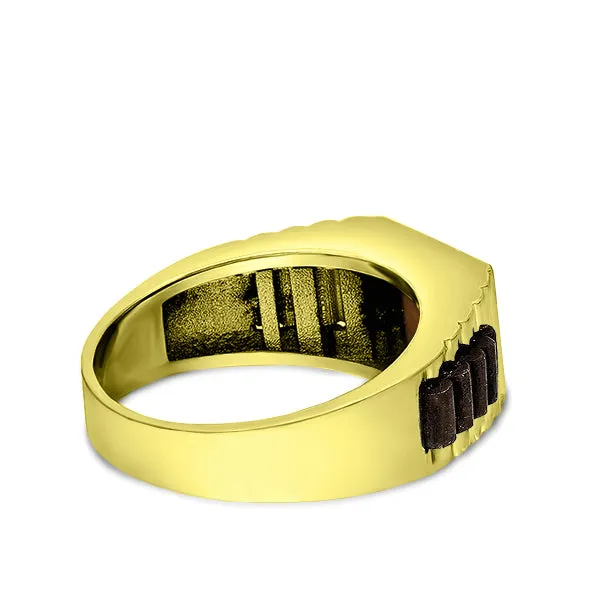 Real Solid 10k Yellow Gold Mens Ring Genuine Tiger's Eye Stone Band Ring for Man