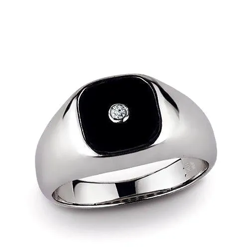 Solid 10K White Gold Signet Design Men's Onyx Ring with Diamond