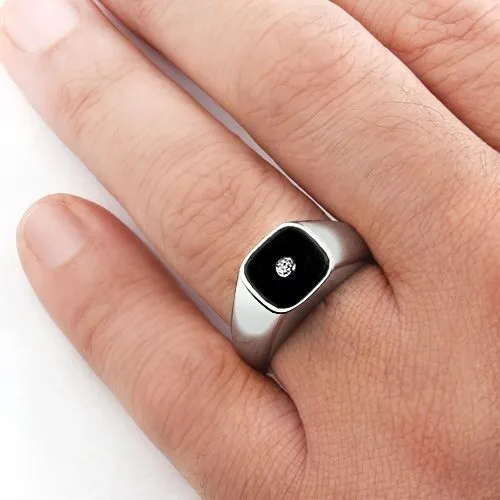 Solid 10K White Gold Signet Design Men's Onyx Ring with Diamond