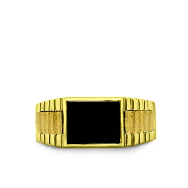 Solid Fine 14k Yellow Gold Men's Heavy Wide Ring With Natural Black Onyx Stone