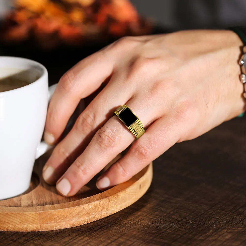 Solid Fine 14k Yellow Gold Men's Heavy Wide Ring With Natural Black Onyx Stone