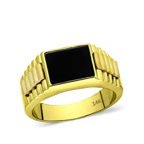 Solid Fine 14k Yellow Gold Men's Heavy Wide Ring With Natural Black Onyx Stone