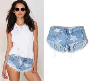 Star Print Tassel Denim Shorts