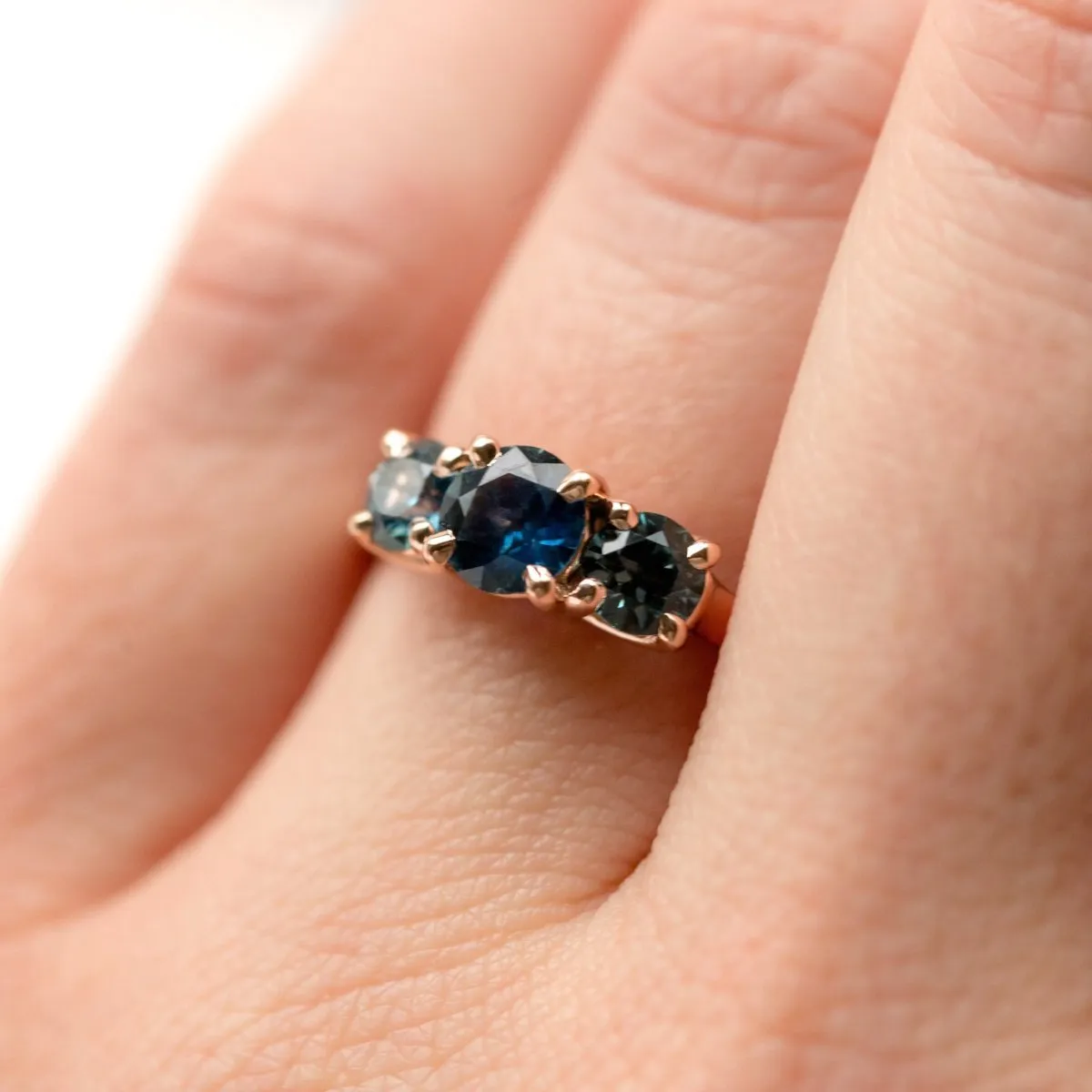 Three-Stone Montana Sapphire Ring in Rose Gold - Traditional Prong Set Sapphire Engagement Ring by Anueva Jewelry