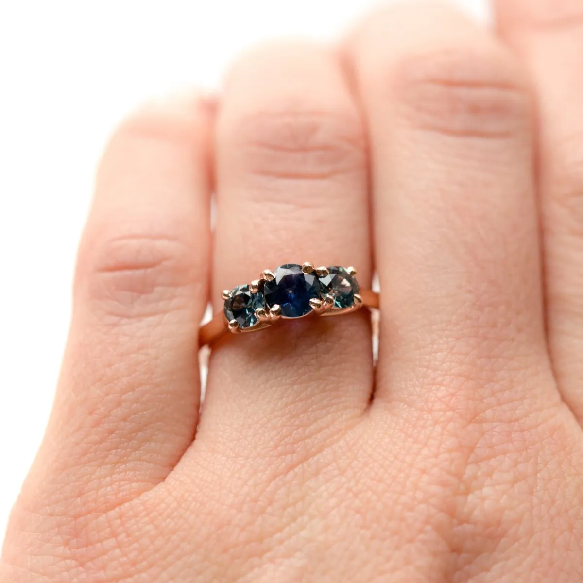 Three-Stone Montana Sapphire Ring in Rose Gold - Traditional Prong Set Sapphire Engagement Ring by Anueva Jewelry