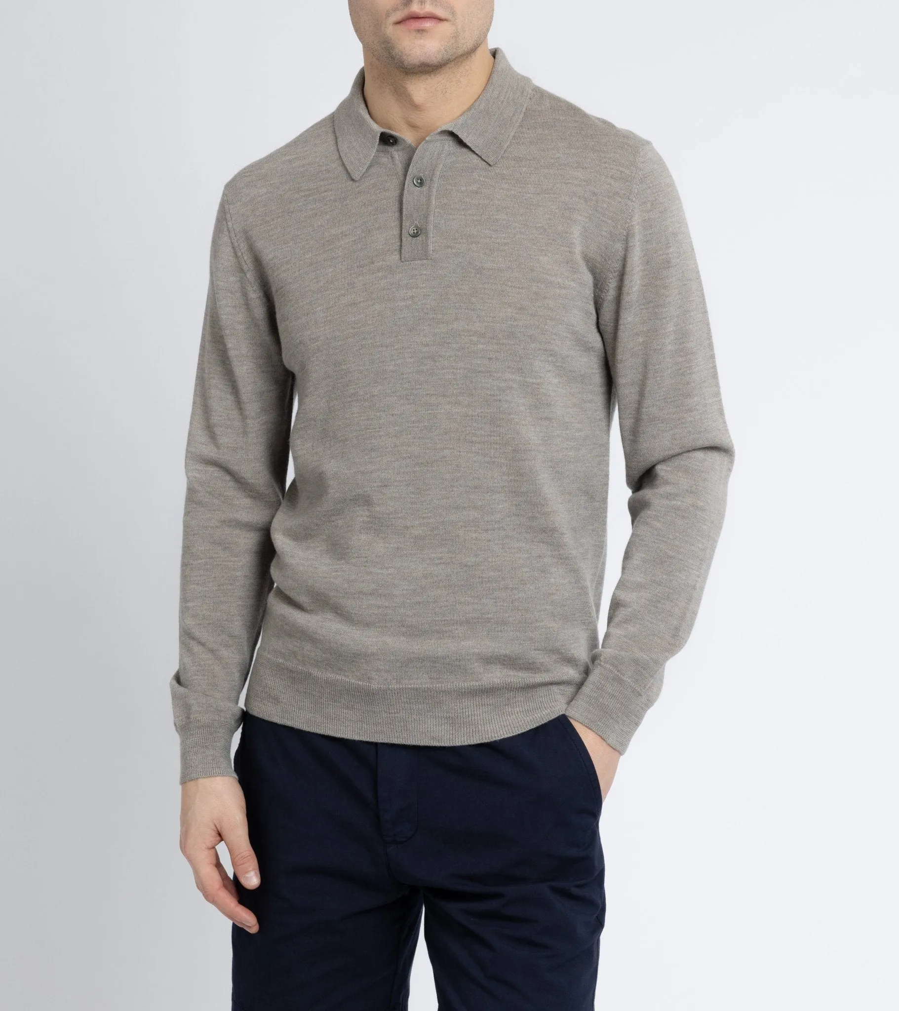 Trunk Enford Merino Knit Long Sleeve Polo Shirt: Greige