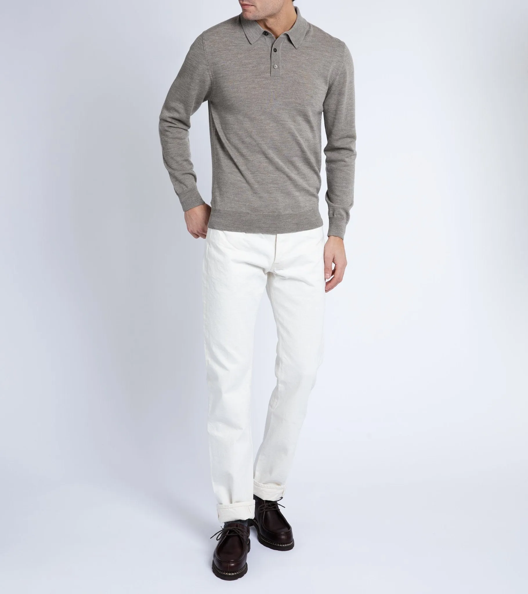 Trunk Enford Merino Knit Long Sleeve Polo Shirt: Greige