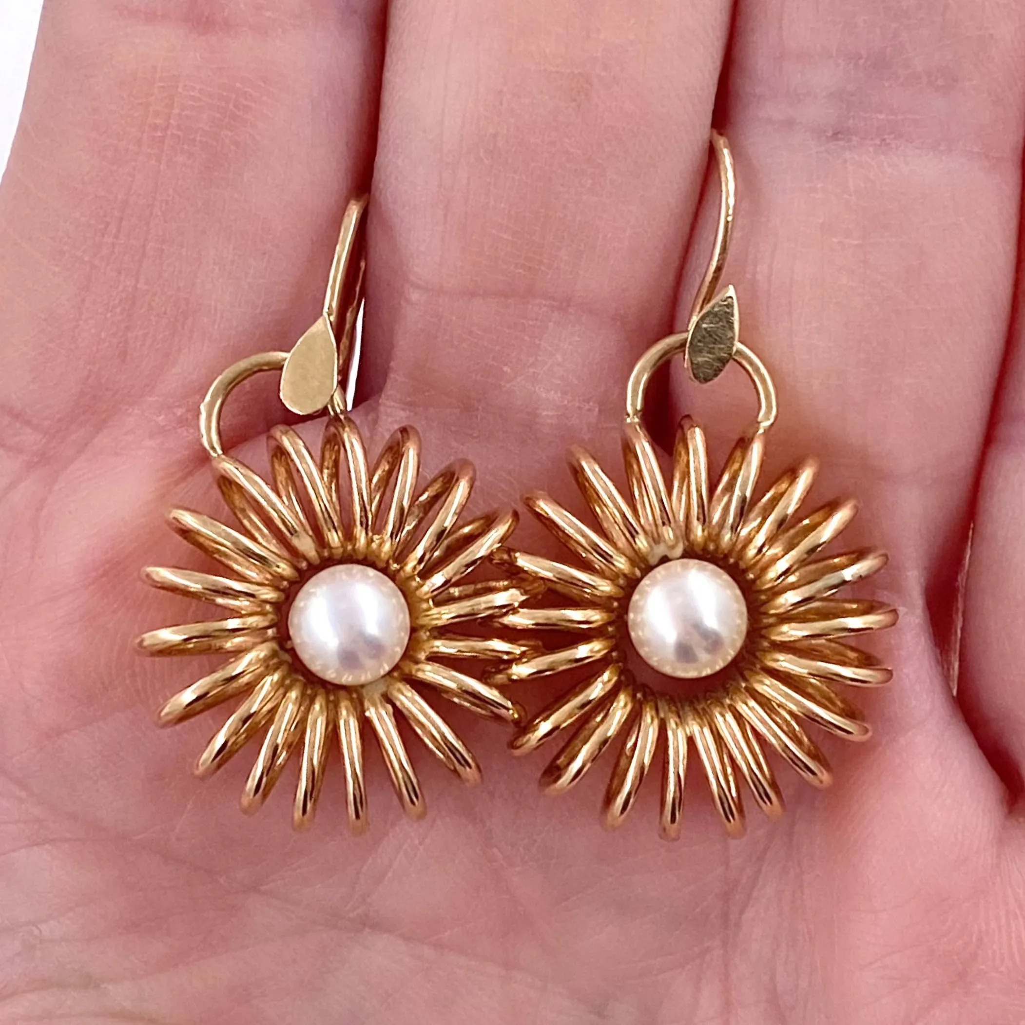 Vintage 14K Gold Wire Donut Style Pearl Dangle Earrings